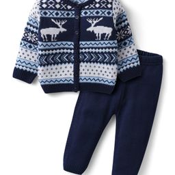 Babyhug Knitted Full Sleeves Front Open Sweater Set With Reindeer Design - Royal Blue-image-66