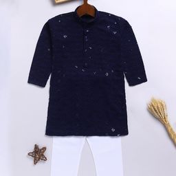 JBN Creation Rayon Full Sleeves Threadwork Embroidered Sequins Embellished Kurta Pyjama Set - Navy Blue-11