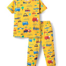 Babyhug Cotton Knit Half Sleeves Co-ords Night Suit With Vehicles Print - Yellow-image-89