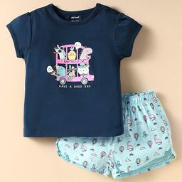 CUCUMBER Sinker Knit Half Sleeves Shorts Night Suit With Animal Print - Navy Blue-image-3