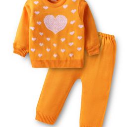 Babyhug Knit Full Sleeves Sweater Set With Heart Design - Yellow-picture-19