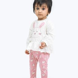 Ariel Pure Cotton Full Sleeves Bunny Embroidered Top With Pant - White-image-5