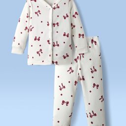 Babyoye Knit Full Sleeves Thermal Inner Wear Co-Ord Set With Bow & Polka Dot Print - White-image-94