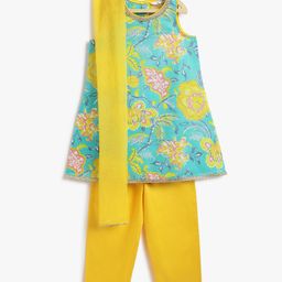 Campana 100% Cotton Woven Sleeveless Floral Printed Kurta Pant With Dupatta Set - Turquoise & Yellow-image-18