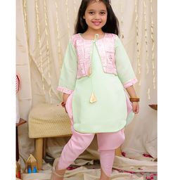 KID1 Silk Woven Three Fourth Sleeves Solid Kurti Dhoti With Sequins Embellished Mirror Work Detailed Shrug Set - Pink & Green-image-8