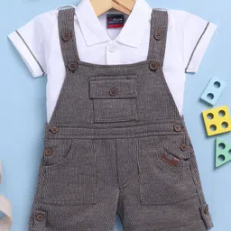 Jb Club Cotton Knit Striped Dungaree With Half Sleeves Polo Tee Set - Brown-picture-8