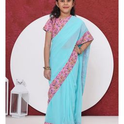 Little Bansi Cotton Woven Floral Printed Wrap Around Saree With Half Sleeves Ready Made Blouse - Blue-picture-41