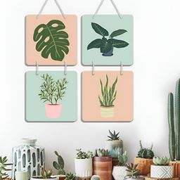 OLIVE TREE 4-Pcs Peach Colored & Green Printed Wooden Wall Hangings-25
