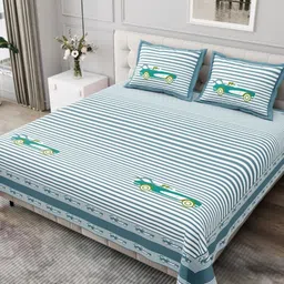BED-SHEET.COM Blue & White Striped Printed 250 TC Cotton King Bedsheet Set 2.99 m x 2.99 m-image-22