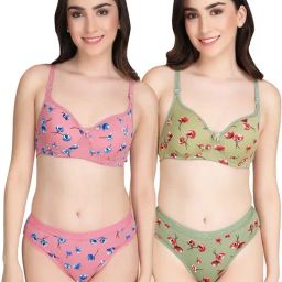 AROUSY Pink & Green Cotton Printed Bra Panty Set - Pack Of 2-image-72