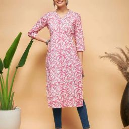 Inweave Pink Cotton Floral Print Straight Kurta-image-14