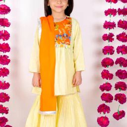 Little Bansi Kids Yellow Striped Kurta, Sharara with Dupatta-image-34