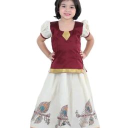 BownBee Kids Maroon & White Printed Pavda Pattu Lehenga-image-46