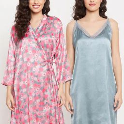 Clovia Grey & Pink Floral Print Babydoll With Robe-image-9
