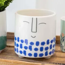 KitchenCraft White & Blue Ceramic Mini Planter Pot With Happy Face Design-17