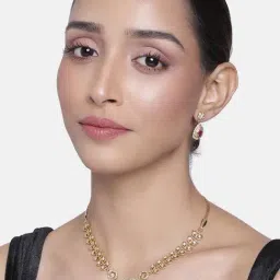 Estele Gold-Plated Traditional Paisley Crush White & Pink CZ Necklace & Earring Set-28