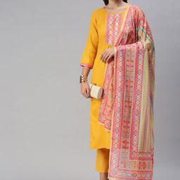 SheWill Women Mustard Yellow Regular Kurta with Trousers & With Dupatta-image-14