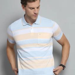 Monte Carlo Sky Blue & Pink Regular Fit Striped Polo T-Shirt-image-72