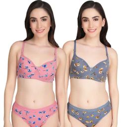 AROUSY Pink & Grey Cotton Printed Bra Panty Set - Pack Of 2-picture-6