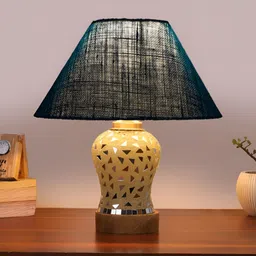 Devansh Turquoise Blue Textured Wood Frusturical Shaped Table Lamp-14