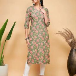 Inweave Green Cotton Floral Print Straight Kurta-image-65