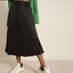 Marie Claire Women Black Solid Accordion Pleated Satin Finish Flared Midi Skirt-picture-49