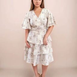 Zink London Off White Loose Fit Printed Dress-image-17