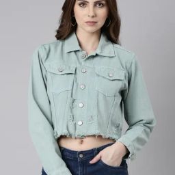 SHOWOFF Sea Green Regular Fit Crop Denim Jacket-picture-19