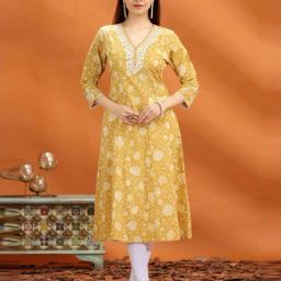Cotton Culture Yellow Cotton Regular Fit Embroidered Kurtas-image-77