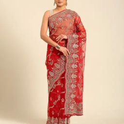 Mohey Red Net Embroidered Saree With Unstitched Blouse-picture-13