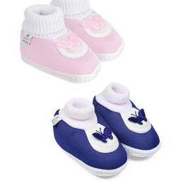 Neska Moda 3 To 12 Months 2 Pair Set Newborn Unisex Baby Skin Friendly Cotton Butterfly Booties (Toe to Heel Length - 12 cm, Baby Pink, Navy)-15