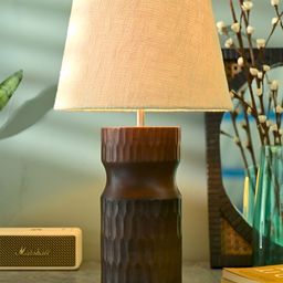 BRICK BROWN Brown & Beige Wooden Contemporary Frusturical Shaped Table Lamp with Bulb-39