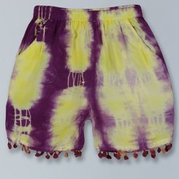 Kiddopanti Shibori Tie & Dye Pom Pom Lace Hem Embellished Shorts - Yellow & Purple-image-55