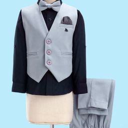 Robo Fry Full Sleeves Solid Party Suit With Waistcoat & Bow- Grey & Blue-image-56