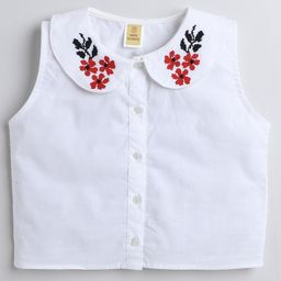 Aww Hunnie Sleeveless Floral Embroidered Peter Pan Collared Top - White-image-41