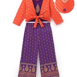 Earthy Touch 100% Cotton Knit Three Fourth Sleeves Top & Palazo Indo Western Set- Purple-image-53
