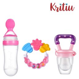 Kritiu Combo of Fruit And Food Nibbler Spoon Feeder and Rattle Teether- Blue-27