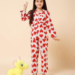 Piccolo Full Sleeves Wool Blended All Over Hearts Printed Night Suit With Slip Ons - White & Red-image-93