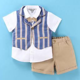 ToffyHouse Cotton Woven Half Sleeves Solid Colour Shirt & Shorts Set with Striped Waist Coat & Bow- Blue-image-14