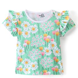 Doodle Poodle 100% Cotton Knit Half Sleeves T-Shirt with Frill Detailing Floral Print - Biscay Green-image-24