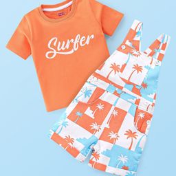 Babyhug 100% Cotton Knit Dungarees With Half Sleeves T-Shirt Text & Tropical Print - Orange & White-image-5