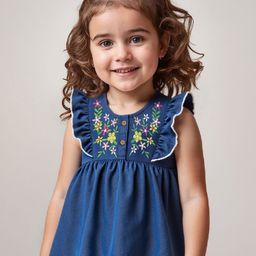 Babyhug Cotton Woven Frill Sleeves Top with Floral Embroidery - Blue-image-91