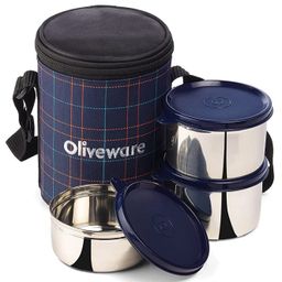 Oliveware Absolute Lunch Box, 100% Leak Proof, 3 Stainless Steel Containers with BPA Free Lids (2x600ml & 450ml), Fabric Bag (Blue)-10
