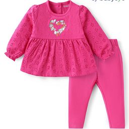 Babyoye Cotton Blend Knit Full Sleeves  Schiffli Designed Winter Wear Top & Leggings Set with Floral Embroidery - Dark Pink-11