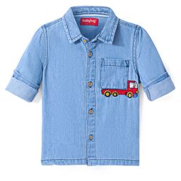 Babyhug Cotton Woven Full Sleeves Denim Shirt with Truck Embroidery - Light Blue-image-7