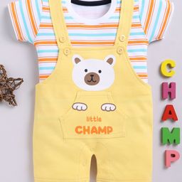 TOONYPORT Cotton Half Sleeves Bear Printed Dungaree Set - Yellow-28