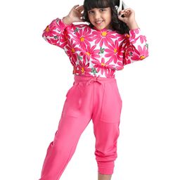 Ollington St. 100% Cotton Knit Full Sleeves Floral Printed Sweatshirt & Joggers Winter Wear Set - Pink & White-picture-25
