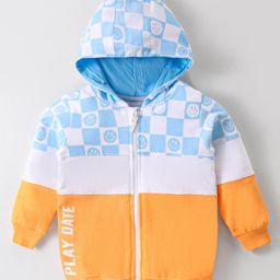 Babyhug Cotton Knit Full Sleeves Front Open Hooded Sweatjacket With Colour Block Design & Smiley Print - Multicolour-image-13