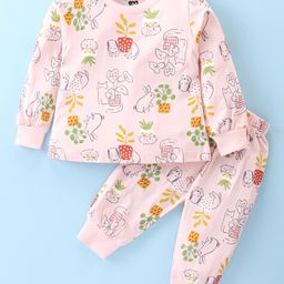 Evimo Single Jersey Full Sleeves Night Suit with Plant & Animal Print - Light Pink-image-17