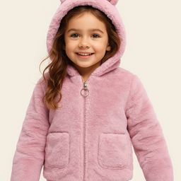 Babyhug Full Sleeves Fur Hooded Winter Jacket with Ears Applique - Light Pink-image-83